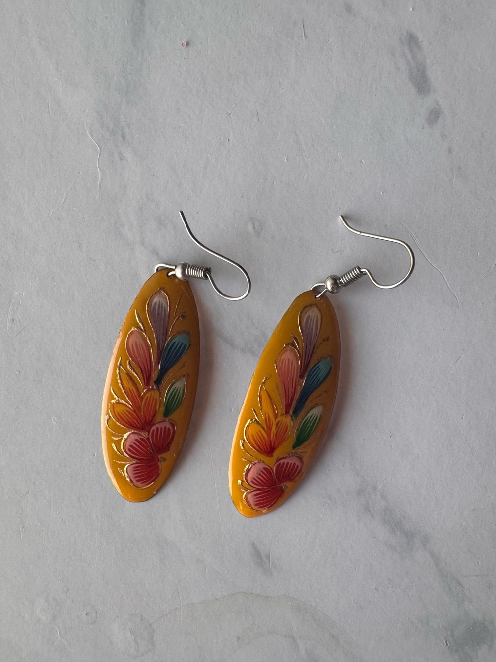 Yellow Oval Hand-Painted Floral Dangle Drop Earrings Metal Hook No Stone Lobe